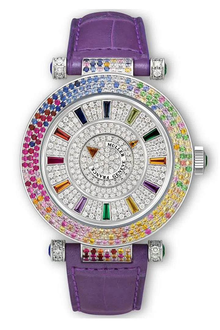A mystery dial highlights the kaleidoscopic effects of the over 400 multicolor stones set on the Franck Muller Four Seasons Double Mystery watch. The multiple turning disks cleverly reveal the time without using hands, enhancing the rainbow effect of the diamonds, sapphires, garnets, and amethyst.
Franck Muller Four Seasons Double Mystery, $83,300. Available at Bergdorf Goodman, franckmuller.com