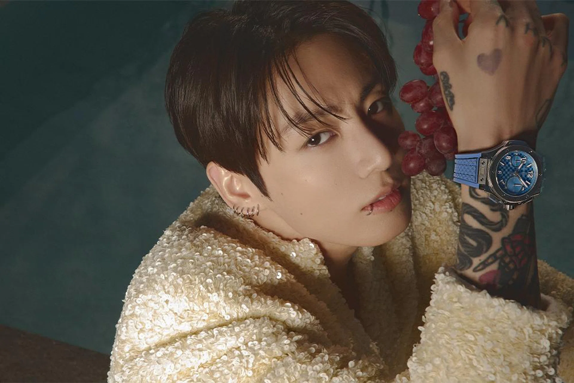 harper’s bazaar singapore june 2026 cover story | jung kook wearing bottega veneta jacket and hublot big bang titanium coal blue watch