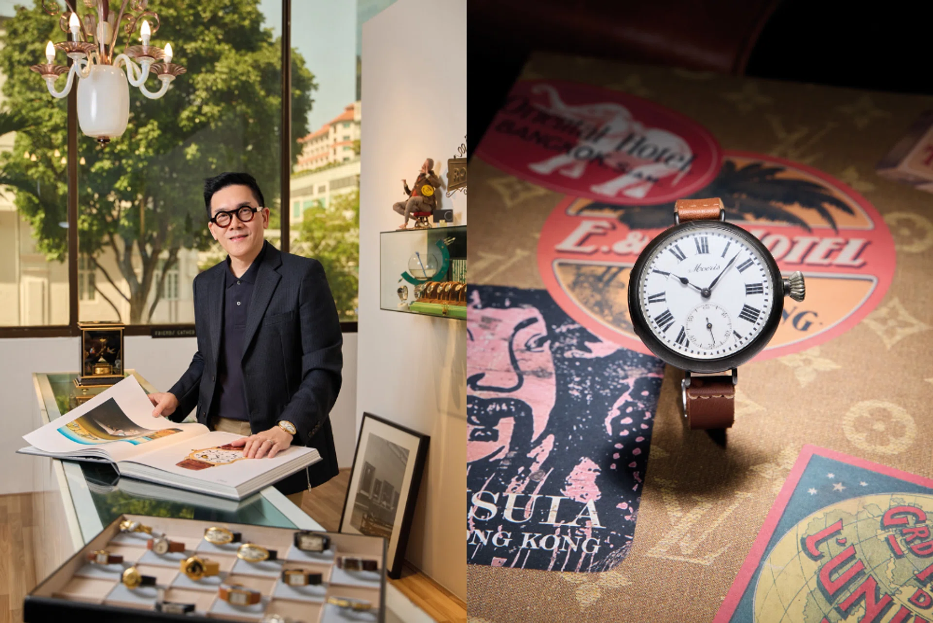 Heirloom Gallery founder Shawn Tan, in his store in Clarke Quay, wears a Baignoire Allongée “Maxi Oval” London, Cartier.
