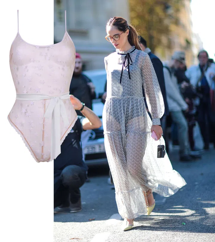 Kim Kardashian West has been a major trailblazer of the bodysuit, but there’s more ways to wear it than with low-slung joggers.

Consider taking yours to ladylike heights with a sleek silhouette worn under a sheer, feminine dress.

Stick to monochrome, choose non-sporty accessories and you’ll have one elegant yet alluring look.