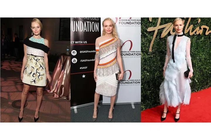 While Kate Bosworth's daily style tends towards luxe bohemian, she was more likely than not to hit the red carpet this year in standout dresses from the runway - like a multi-print dress by Giambattista Valli or a light blue and black dream by Erdem. Photo: Getty