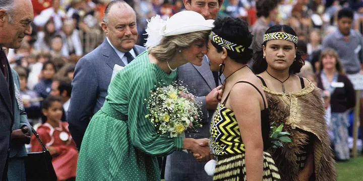 Meeting a Maori woman with a traditional hongi nose rub at the Eden Park Stadium in Auckland, New Zealand. Photo: Getty