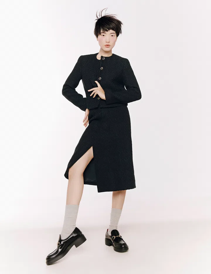 Jacket; top; skirt; loafers with horsebit, Gucci. Socks, stylist’s own