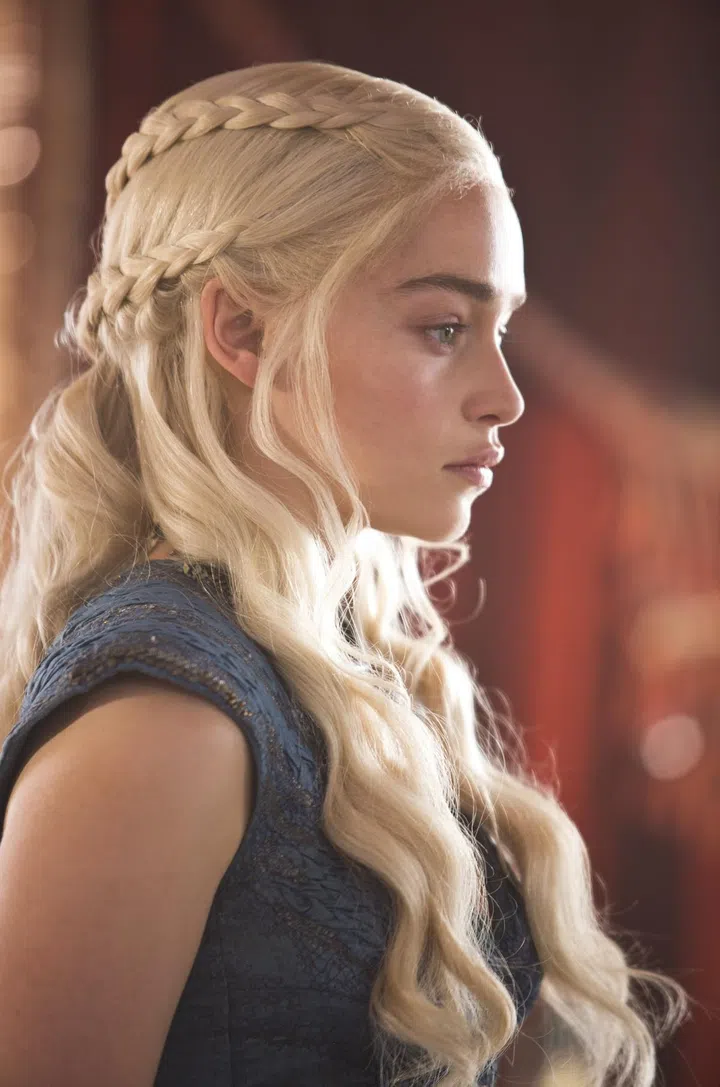 Braids in every direction is the mantra for Mother of Dragon's ice blonde waves