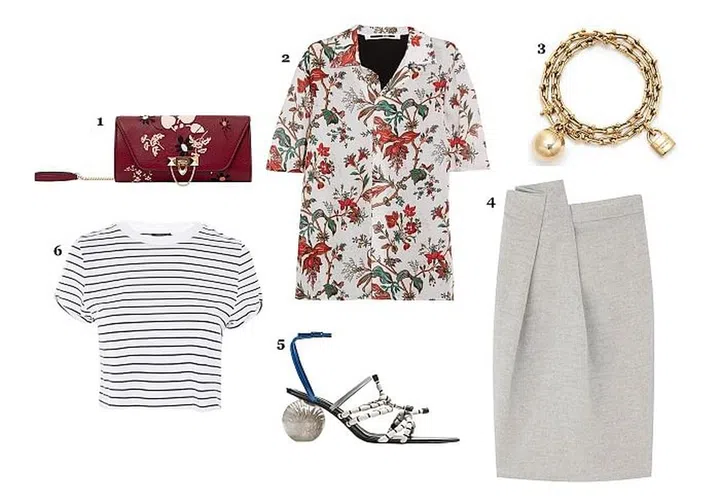 1. Bag, Valentino 2. Shirt, MCQ Alexander McQueen 3. Bracelet, Tiffany &amp; Co. 4. Skirt, COS 5. Sandal, Marni 5. T-shirt, Topshop