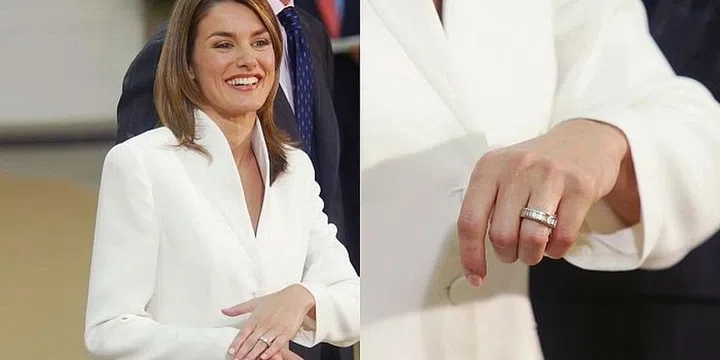 Then-Prince Felipe VI of Spain proposed to journalist Letizia Ortiz with a pretty unusual ring. Instead of featuring a diamond solitaire, he chose a ring with a row of diamonds set between two white gold bands. Photo: Getty 