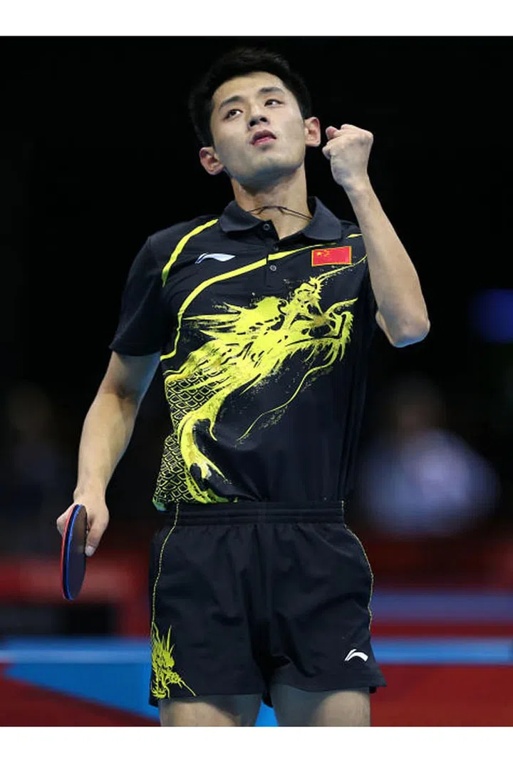 Zhang Jike of China celebrates a win in the table tennis fourth round match in London. Photo: Getty