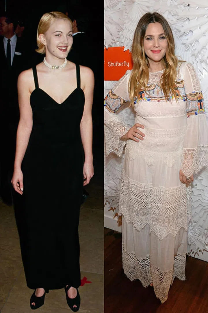 Drew circa 1995 was on to something via choker and velvet slip dress. Photo: Getty