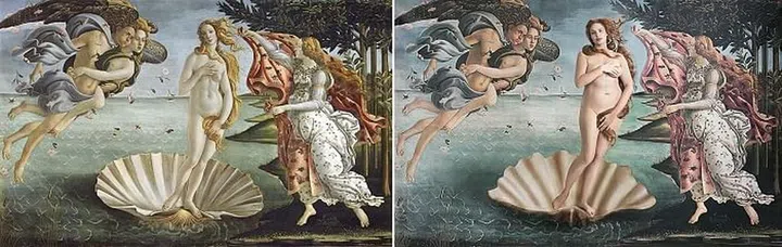 From left: Botticelli’s Birth of Venus, circa 1485; On Candice Effy Jewelry necklaces (worn in hair) $450, effyjewelry.com; Tiffany & Co. necklaces (worn in hair) $13,500-$19,500, tiffany.com. Photo: PARI DUKOVIC