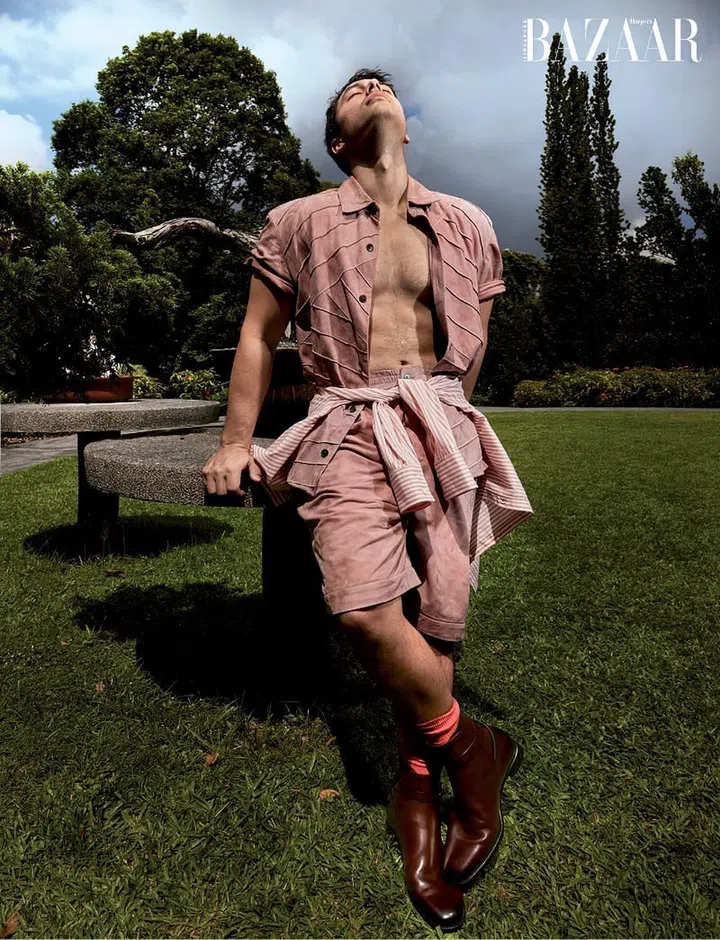 Shirt; shorts, Hermès. Shirt (tied around waist), Brunello Cucinelli. Boots, Polo Ralph Lauren. Socks, stylist’s own.
