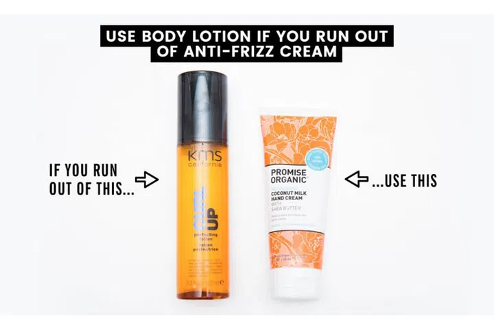 18. If you run out of anti-frizz cream, use hand or body lotion in its place. Typical anti-frizz products contain hydrating ingredients, like glycerin, panthenol, and silicone to keep your strands looking smooth, which most lotions contain. Try KMS Curl Up Perfecting Lotion (you can use this even if you don't have curly hair, BTW!), which has glycerin, or Promise Organice Coconut Milk Hand Cream, which contains glycerin, coconut milk, and shea butter.