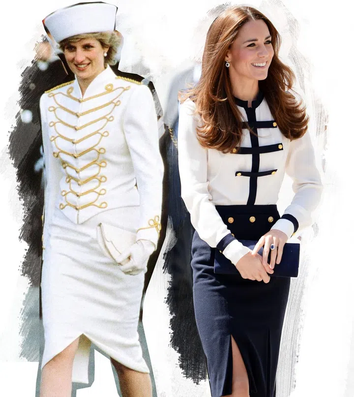 Diana wears Catherine Walker for a passing out parade in Surrey in 1987; Kate visits Bletchley Park wearing Alexander McQueen, 2014.
