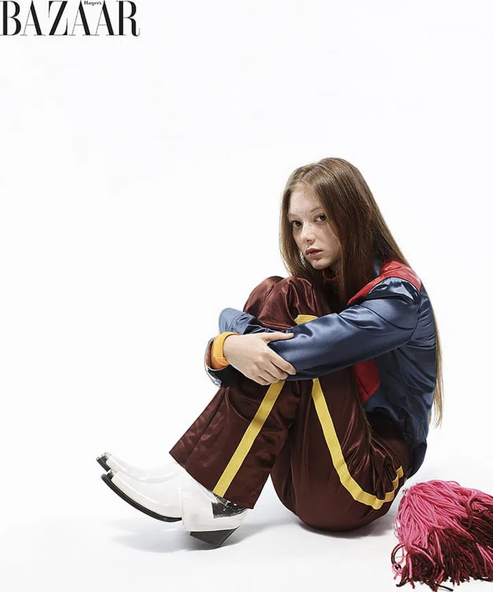 Calvin Klein 205W39NYC shirt, turtleneck, pants, pom-pom, and boots