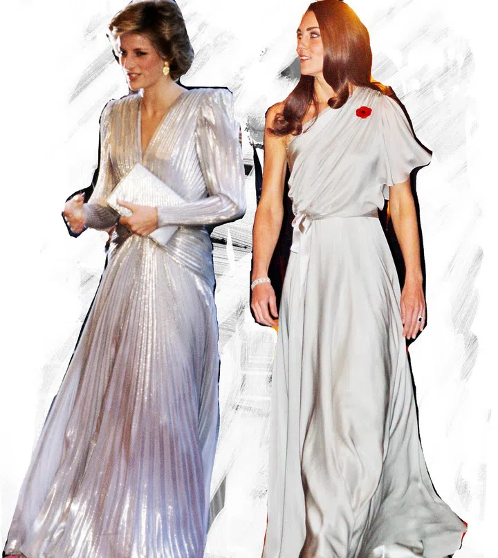 Diana in Bruce Oldfield at the Grosvenor House Hotel in London in March 1985; Kate in Jenny Packham at the National Memorial Arboretum Appeal at St James's Palace in London in November 2011.