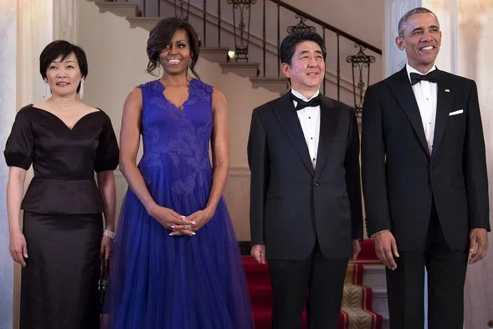 The Obamas pose with Japan's Prime Minister Shinzo Abe and his wife, Akie Abe.