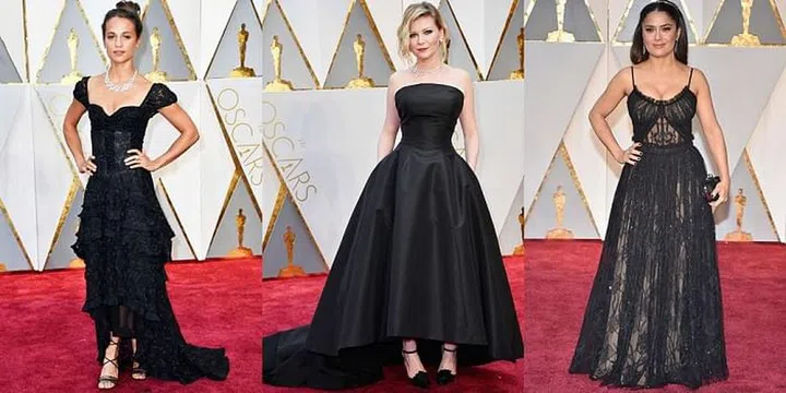 Several celebs turned to the tried-and-true hue, reminding us all that a black dress doesn't have to be basic or boring. Left to right: Alicia Vikander in Louis Vuitton, Kirsten Dunst in Dior Couture, Salma Hayek in Alexander McQueen
