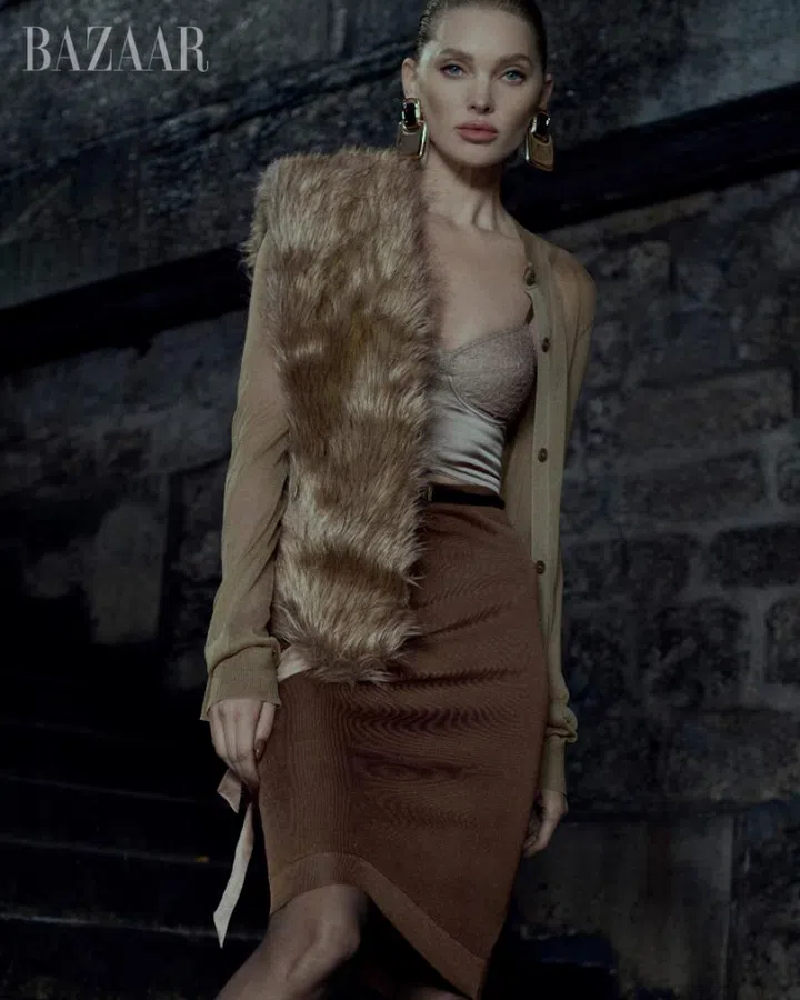 Saint Laurent Elsa Hosk Robi Rodriguez Anna Santangelo Fall/winter 2024 earrings cardigan bra skirt belt scarf