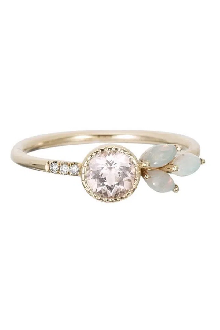 "Leaf" ring with morganite and opal, $750, jenniekwondesigns.com.
