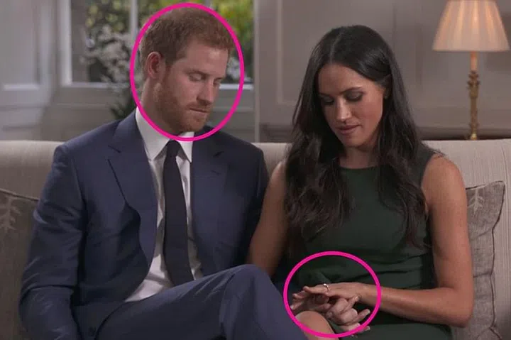 Prince Harry and Meghan Markle talking about Princess Diana's diamonds that are in Meghan's ring. Photo: Getty