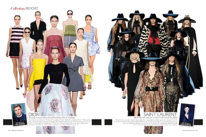 Pages from the spring/summer 2013 “The Collections Report” on the newly appointed
Raf Simons at Dior and Hedi Slimane
at Saint Laurent.