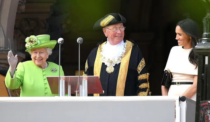 The Queen and Duchess Meghan arrive at Chester Town Hall for lunch with the Lord Mayor of Chester, Councillor Alex Black. Photo: Getty