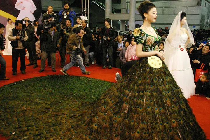 Vera Wang reportedly spent two months with seven other designers finishing this epic wedding gown, made from 2,009 peacock feathers. No wonder the price tag is around $1 million, then. Photo: Rex Features
