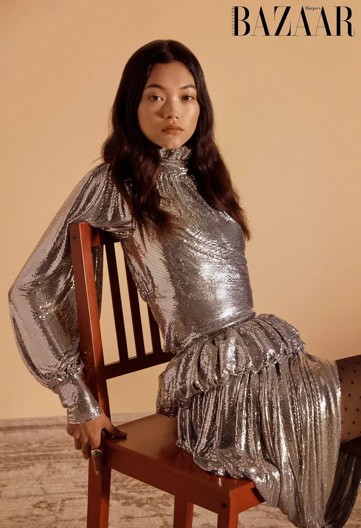 Top and skirt, Paco Rabanne. Ring, Tiffany & Co. Tights, Falke. 