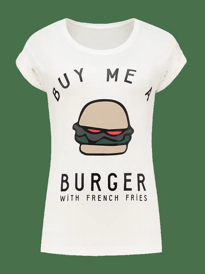 There;s nothing basic about this basic tee. Printed with a cute burger print, this piece is great on its own or layered over a cardigan when days are chilly (Photo: NIKKIE)