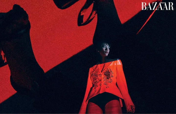 Jacket,Schiaparelli. Briefs, Max Mara. Earring, Swarovski. (Photo: Paul McLean)