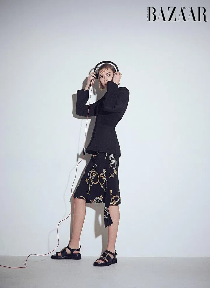Blazer, Longchamp. Skirt; ring, CELINE. Sandals, Roger Vivier
