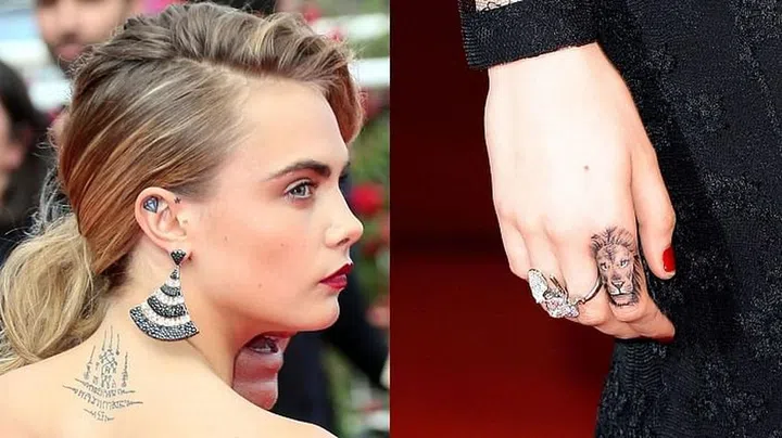 The supermodel has 14 tattoos, including a lion on her right pointer finger, a diamond and a constellation of stars in and around her left ear and two interlocked D's on her right hip to match BFF Jourdan Dunn.
