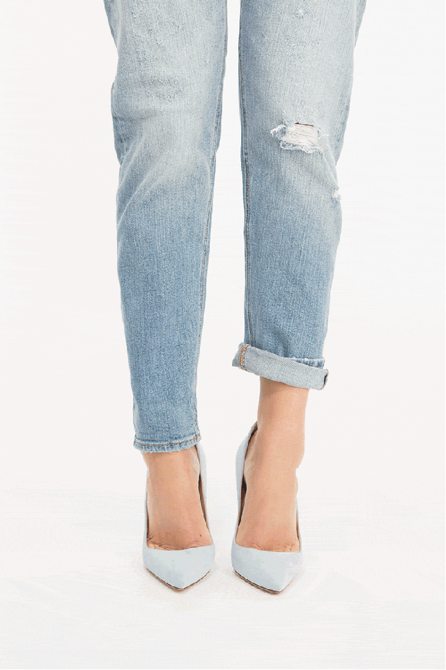 Why: Perfect for showing off stilettos or making your boyfriend jeans a touch more tailored.
How to: Fold your jeans an inch or two, then fold again, leaving a peak of the hemline visible so it is perfectly imperfect.
Armani Exchange jeans, Manolo Blahnik shoes, $595, barneys.com.
Model: Alana Bunte/The Lions Photo: Elizabeth Griffin.