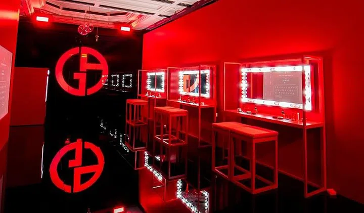 The crimson Armani Beauty vanity room at the event in Shanghai