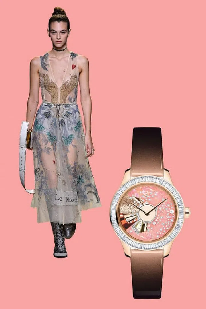 Maria Grazia Chiuri's first collection at Dior took on a strong feminist perspective, dotted with pink touches and sportswear moments. On the models, durable branded waistbands were visible through sheer, embroidered evening gowns; on its watches, like the Grand Bal Piéce Unique Galaxie Phoenix, embellishments like opals, and baguette-, round-, and rose-cut diamonds perfectly offset a modern metallic strap.

Grand Bal Piéce Unique Galaxie Phoenix, price upon request, dior.com