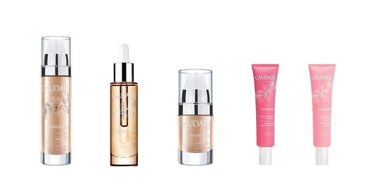 From left: Premier Cru La Creme, Premier Cru The Elixir, Premier Cru The Eye Cream, Vinosource Matifying Fluid, Vinosource Moisturizing Sorbet. Photo: Caudalie