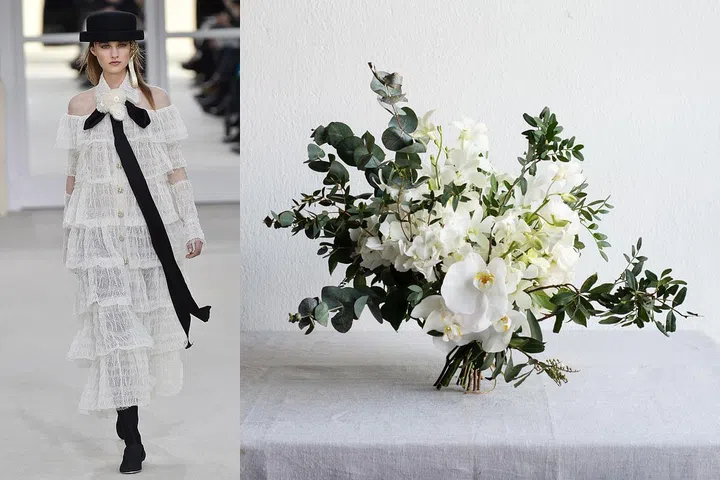 “I used more regionally sourced flowers for this particular arrangement, like white hydrangeas from Malaysia and phalaenopsis orchids from China. White always gives me the feeling of calm, tranquil movements, like crisp linen and a sun lit room. What I find most satisfying is when you see the foliage intertwining the pristine blooms—the two dance off each other, giving the bouquet depth and structure, complementing the orchids’ chiffon like texture.”