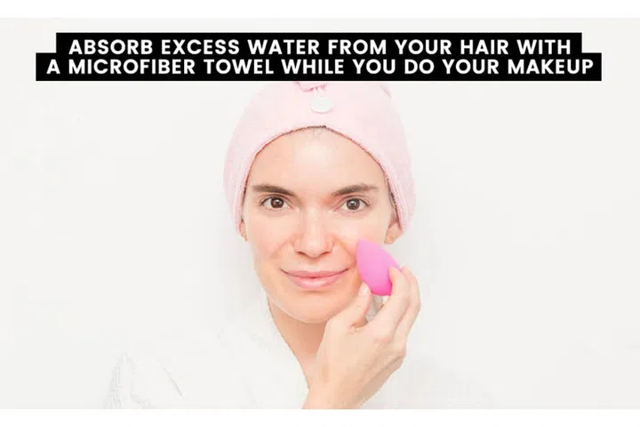 15. While you're doing your makeup, use a microfiber towel over a cotton one to absorb excess water in your hair. Think of microfiber turbans as the ShamWow of hair towels. Microfiber absorbs way more than cotton (Yes to less heat damage!) and its soft texture helps cut down on friction, which leads to frizz. So, the next time you're running late, twist your hair up into a microfiber turban, do your makeup, air-dry or blow-dry your hair, and go! Try Aquis Micro Fiber Hair Turban.