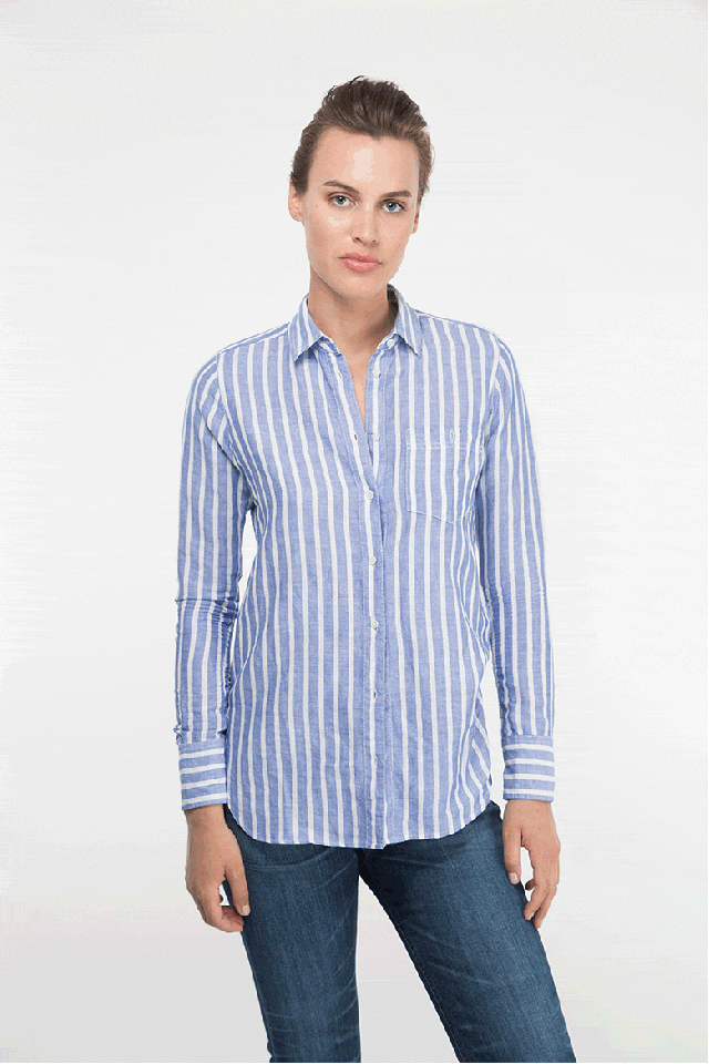 Why: It shows off your waist without looking too prim.
How to: Tuck only the side that lays underneath the button panel inside your pants.
J. Crew shirt, Citizens of Humanity jeans, $228, citizensofhumanity.com. Photo: Elizabeth Griffin.