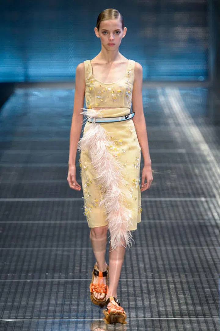 Miuccia Prada has an innate ability to predict what grown-up women want to wear six months ahead of time. And so it transpires that next summer, we'll all be injecting some playfulness into our look with ostrich feathers.