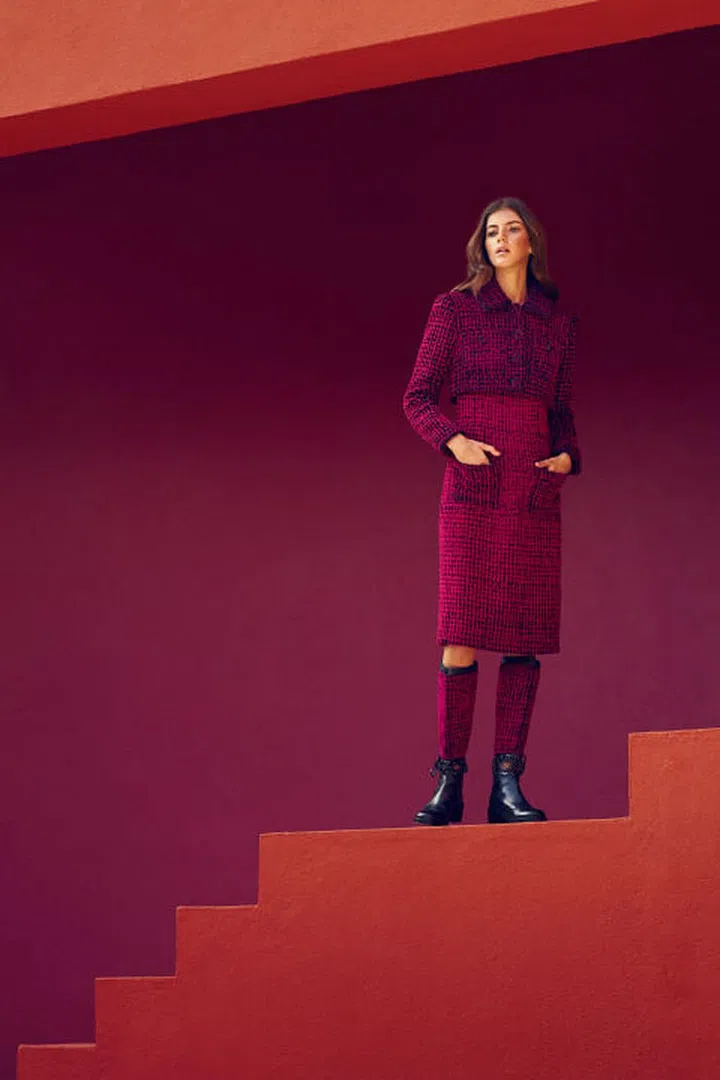 Chanel jacket, $6,900, dress, $4,900, and boots, $2,100, 800-550-0005.

Model: Valery Kaufman; Hair: Seb Bascle; Makeup: Maria Martinez for M.A.C. Cosmetics; Production: Motif Management.
Photo: Daniel Riera
