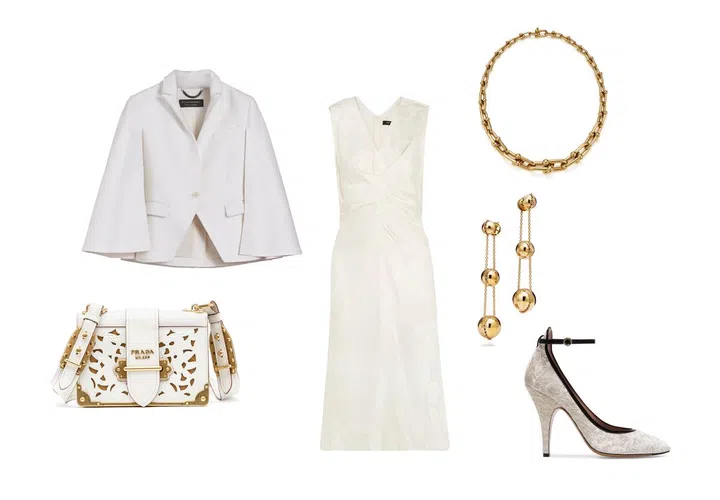 Blazer, Burberry. Bag, Prada. Dress, Isabel Marant. 18k Tiffany HardWear triple drop earring; 18k Tiffany HardWear graduated link necklace, Tiffany &amp; Co. Pump, Bally.
