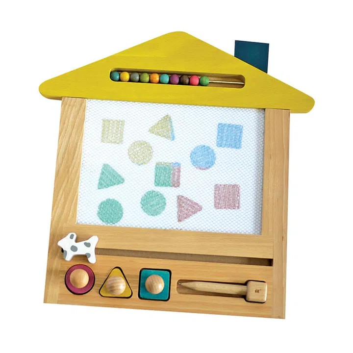 Mini artists will enjoy creating new works with this “magic” board from Kiko+. Using the circle-, square- and triangle-shaped magnets or pen, they can stamp or draw on the four-coloured screen, then swipe them away with the wooden eraser.