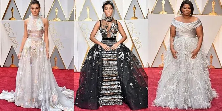 The key to a standout red carpet dress? Details that don't fall flat. Floral appliques, floaty feathers and beaded embellishment brought these looks to life. Left to right: Hailee Steinfled in Ralph & Russo, Janelle Monae in Ellie Saab, Octavia Spencer in Marchesa