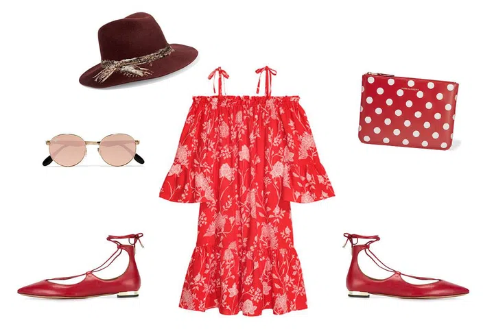 Off shoulder dress, H&M. Georgina feather-trimmed fedora, Eugenia Kim. Polka-dot leather pouch, Comme des Garcons. Christy Ballerinas, Aquazzura. Round-frame gold-plated mirrored sunglasses, Ray-Ban. 