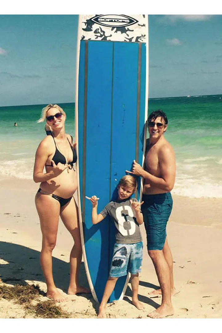 Last November, the Czech model hung ten on Miami Beach with her bump, her son Tobin, and her husband Archie Dury. (She's now a mama to a second son, Noah.) Photo: Karolina Kurkova