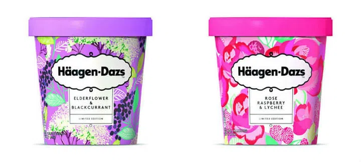 Elderflower and Blackcurrant Ice Cream (left) and Rose, Raspberry &amp; Lychee Ice Cream, $14.50 per pint, Häagen-Dazs™ 