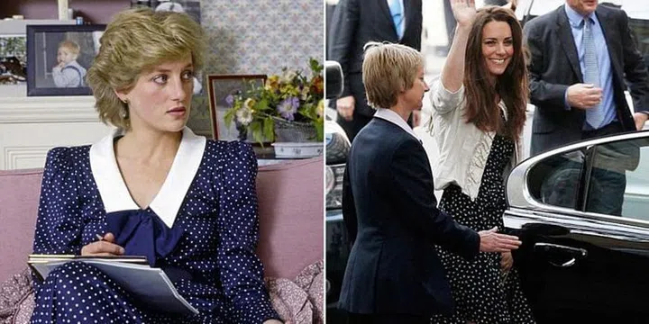 The Princess of Wales in a navy polka dot dress with a white collar at home in Kensington Palace in 1985; Kate Middleton checking into the Goring Hotel in navy polka dots and a white blazer before her 2011 wedding. 

Photo Getty. 