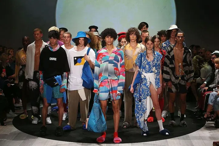 “Australian style is known for its laid-back, carefree, fun vibes and that’s what we’re all about—easy-going resort wear that works just as well on the sand as it does on the street,” explained Toby Jones and Mikey Nolan, the Ksubi alumni behind label Double Rainbouu. The playful Hawaiian shirt-styles at the core of the brands DNA were anchored with socks and fluffy flip-flops and made for a lighthearted, irreverent presentation. Photo: Getty 
