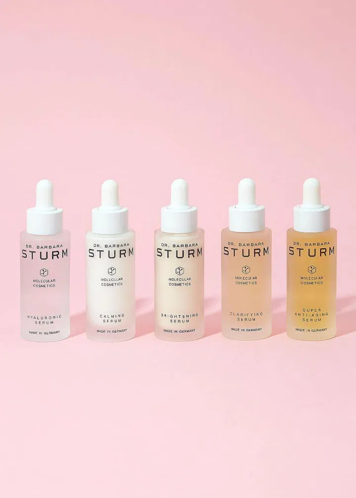 From left: Hyaluronic Serum, $410; Calming Serum, $310; Brightening Serum, $420; Clarifying Serum, $340; Super Anti-Aging Serum, $470; Dr Barbara Sturm