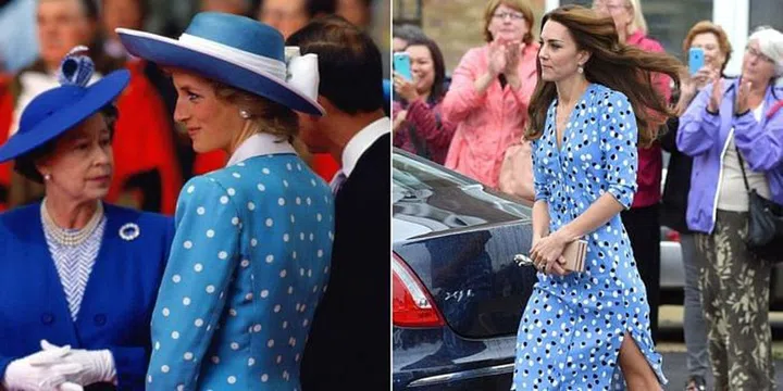 Diana in blue and white polka dots at Victoria Station in London in 1989; Kate in a blue Altuzarra Aimee polka dot dress at Stewards Academy with Heads Together in Harlow, England in 2016. 

Photo Getty. 